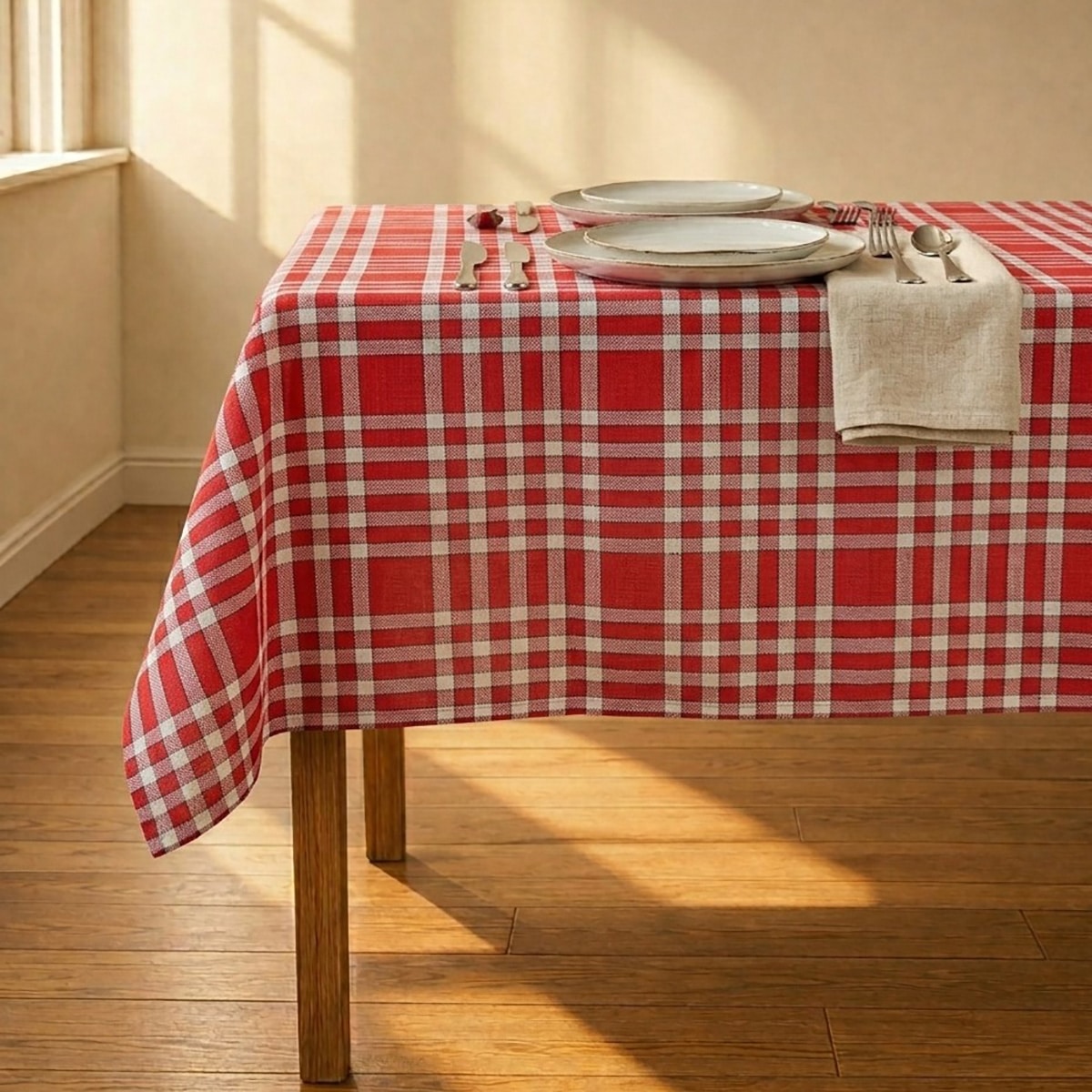 Table dressée avec la nappe vichy coloris rouge près d'une fenêtre, les serviettes de table sont en lin naturel pour apporter de l'originalité.