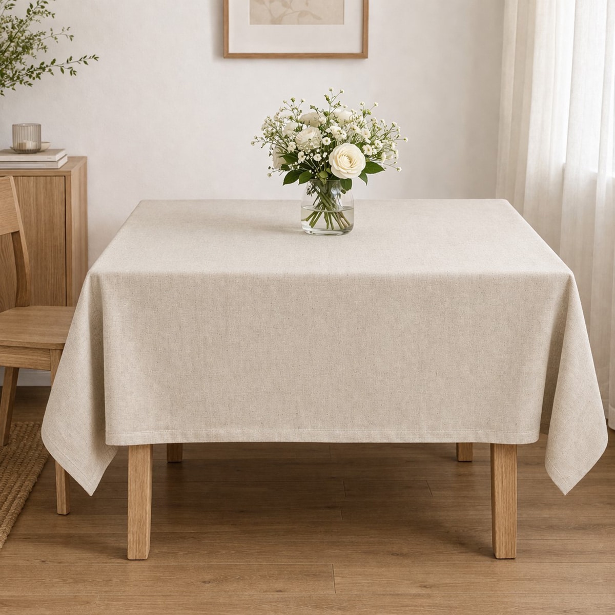 Nappe beige en lin recouvrant une table en bois, avec au centre un vase en verre contenant un bouquet de fleurs blanches, dans une salle à manger lumineuse au style minimaliste.