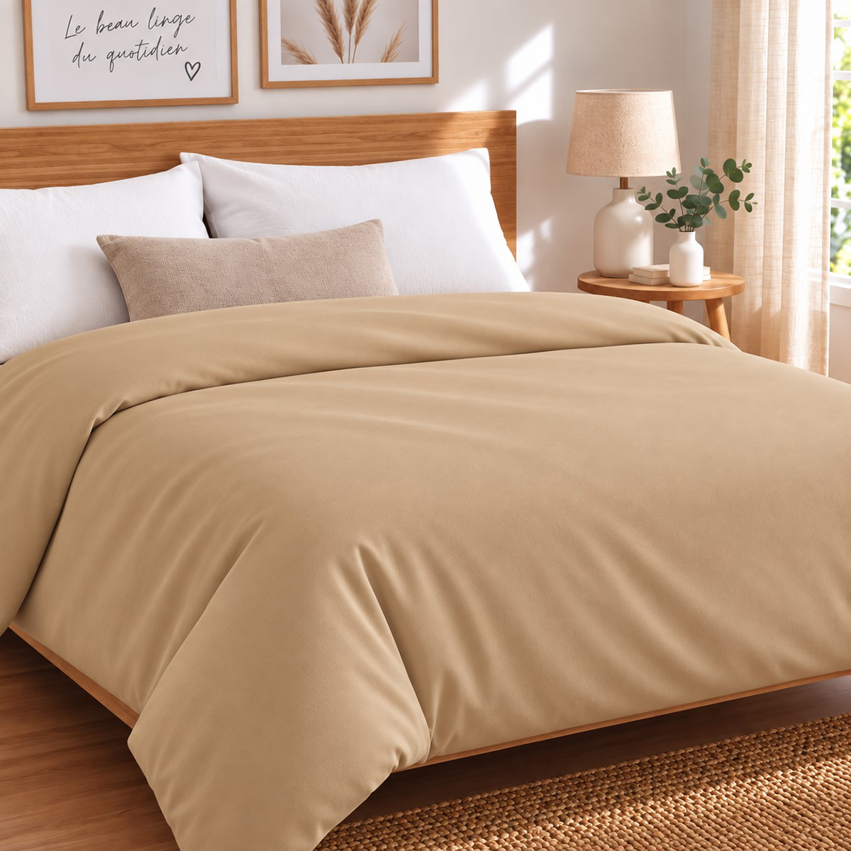 Parure de lit complète couleur caramel dans une chambre très sobre bois et blanc