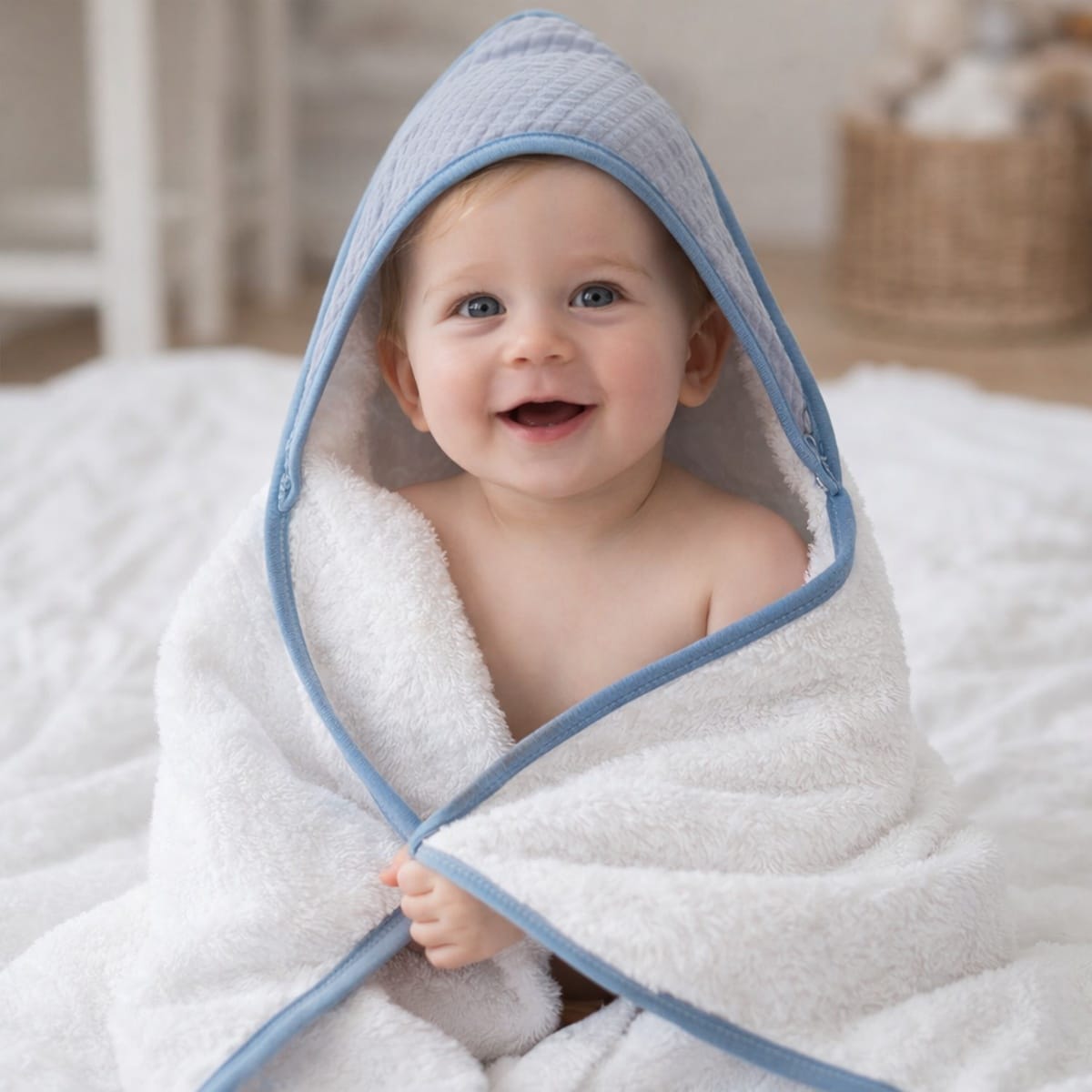 Un bébé souriant assis sur un lit qui porte la cape de bain Gazou coloris bleu