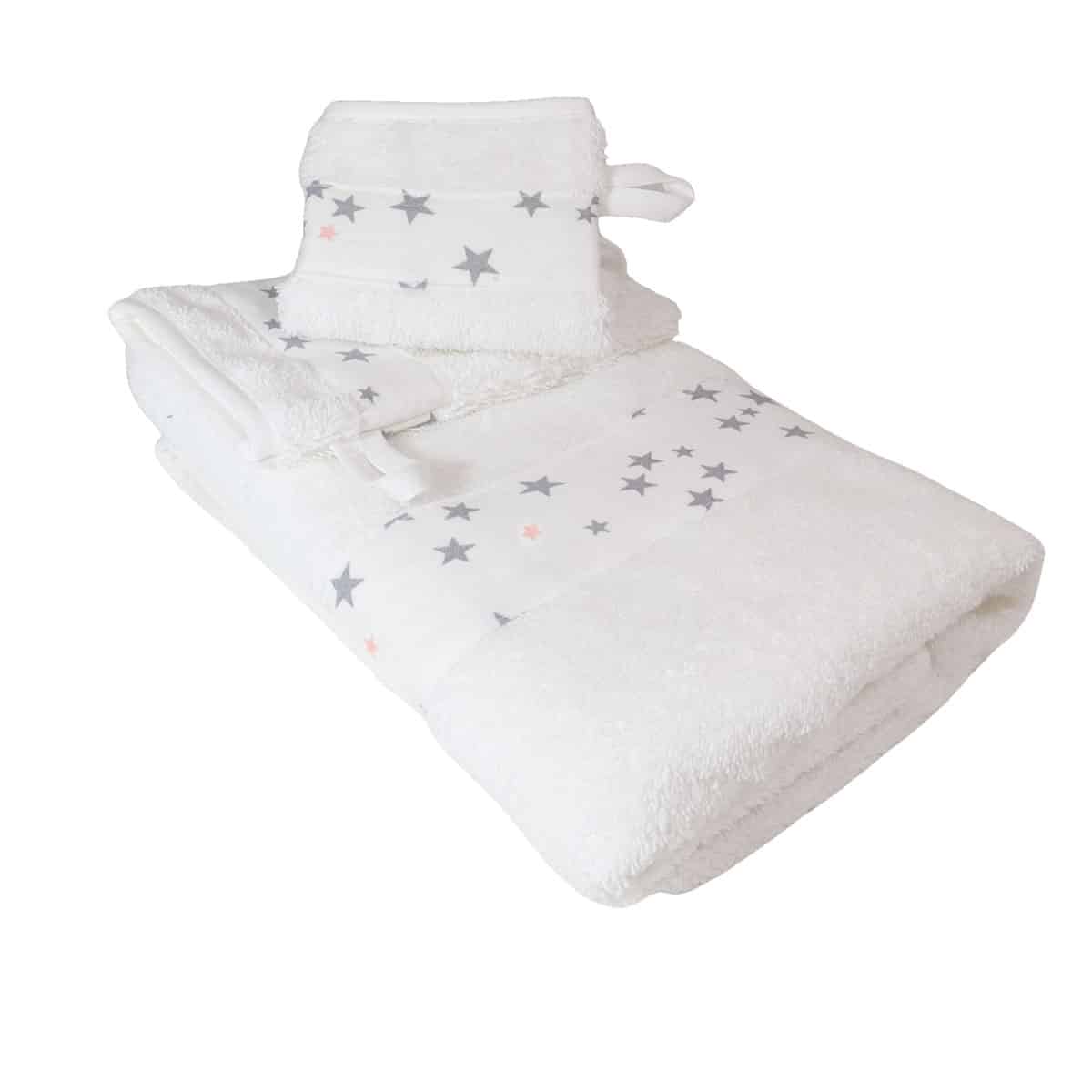 Serviette et 2 gants de toilette en coton éponge ÉTOILE - Blanc