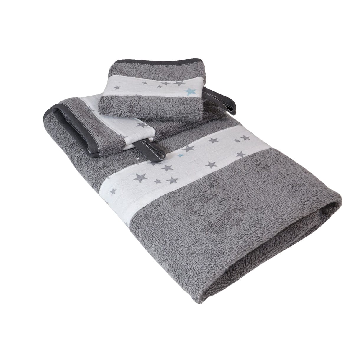 Serviette et 2 gants de toilette en coton éponge ÉTOILE - Gris