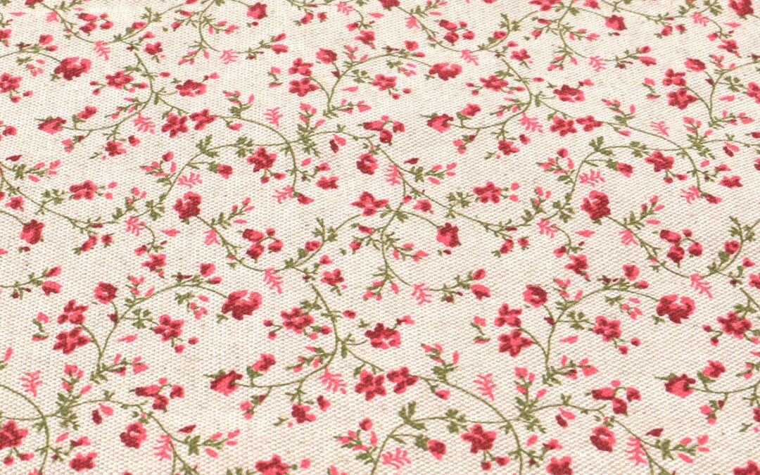 Tissu au mètre coton – lin 240gr m² naturel fleuris rouge FLORALIE