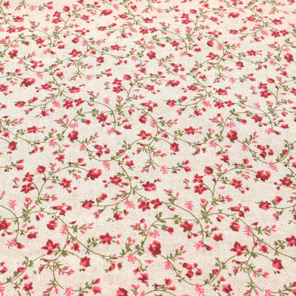 Tissu au mètre coton - lin 240gr m² naturel fleuris rouge FLORALIE