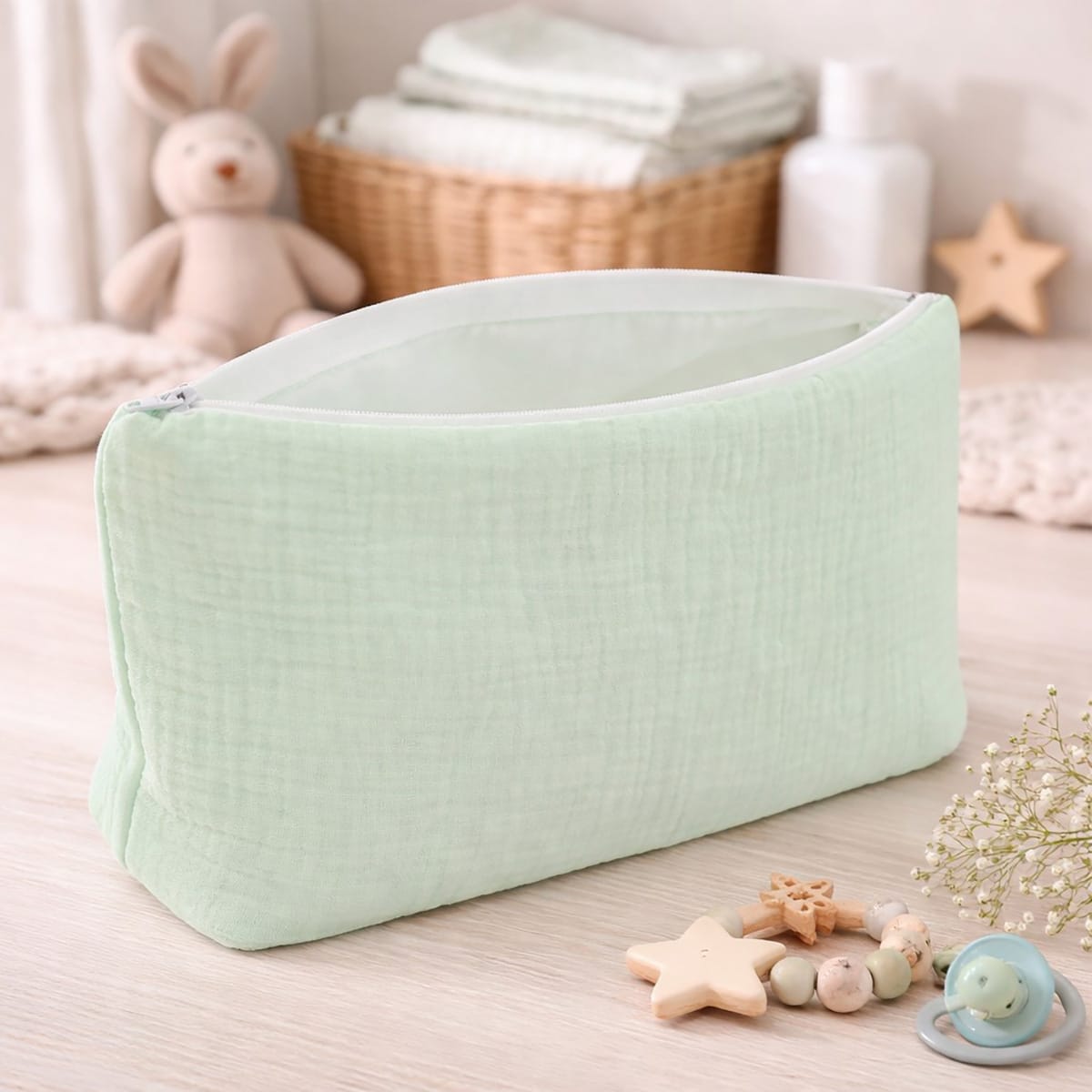 Trousse ouverte et posé sur un plan de travail dans une chambre de bébé cosy