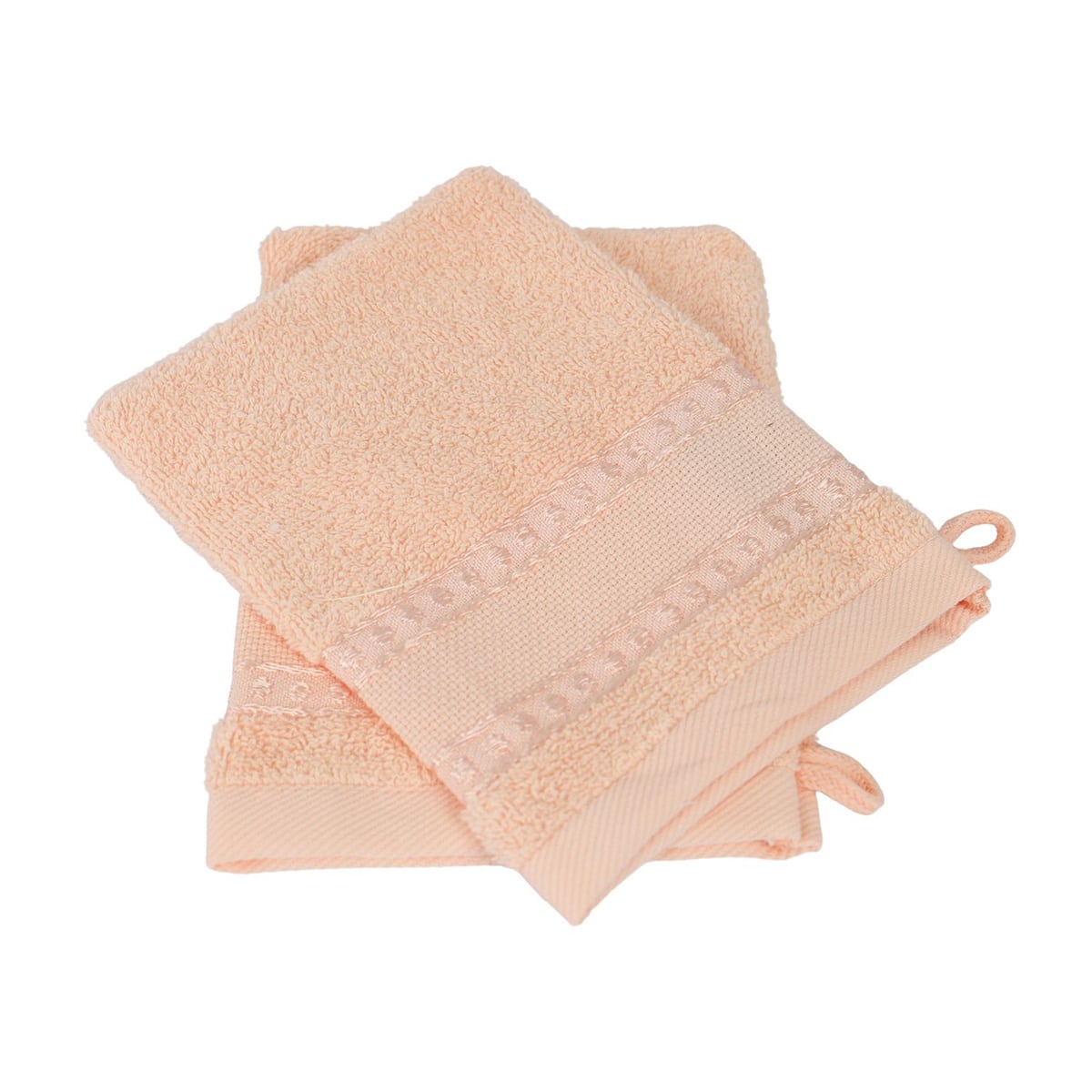 2 gants de toilette saumon posés l’un sur l’autre sur fond blanc