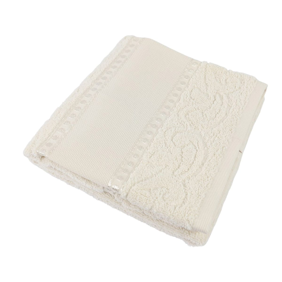 Drap de douche écru avec relief dans l'éponge et fil en lurex autours de la bande Aida, coloris écru.