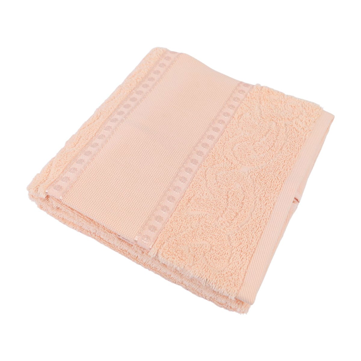 Drap de douche avec relief dans l'éponge et fil en lurex autours de la bande Aida, coloris saumon.