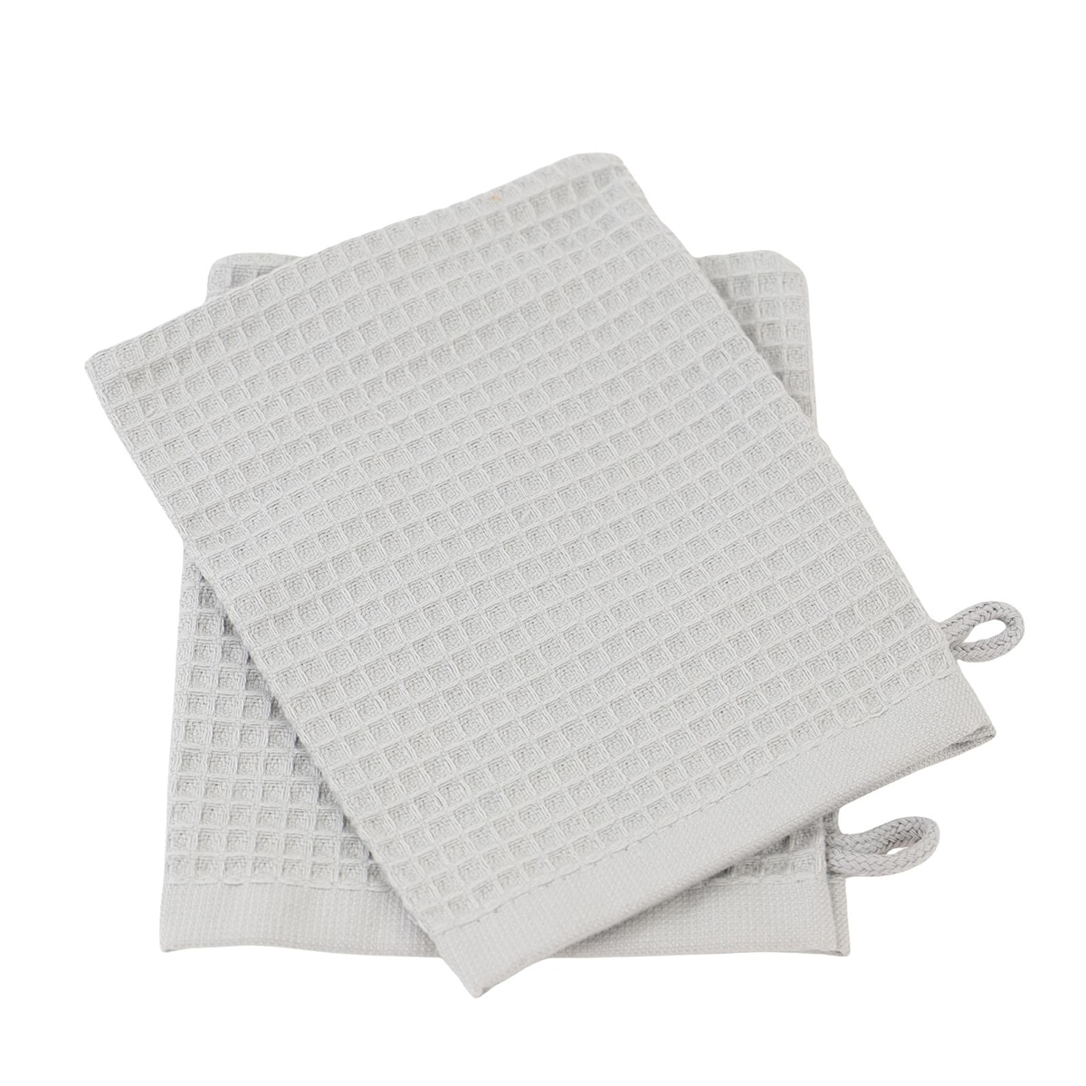 Lot de 2 gants de toilette en tissu posés sur fond blanc