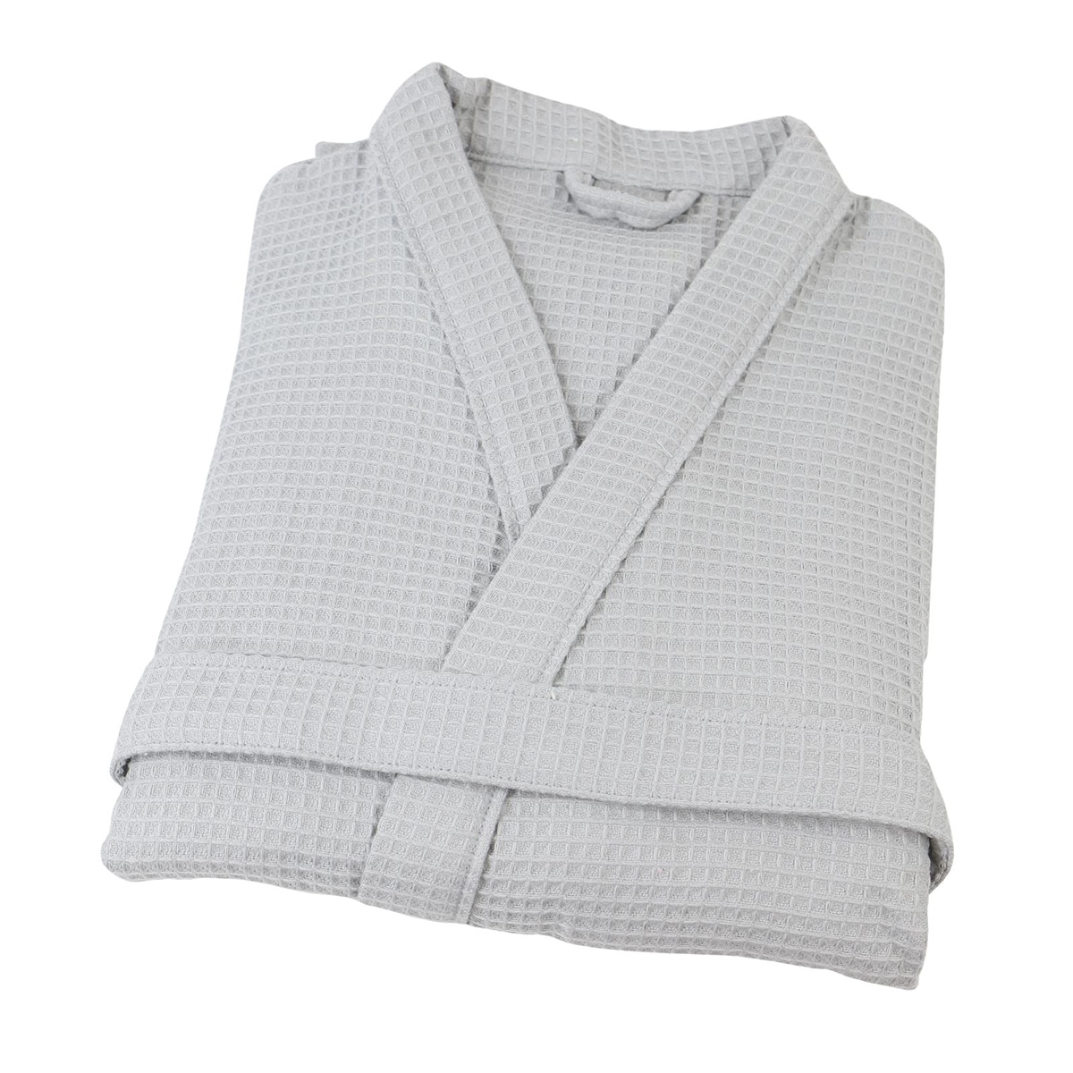 Peignoir coton nid d'abeille gris, col kimono plié sur fond blanc