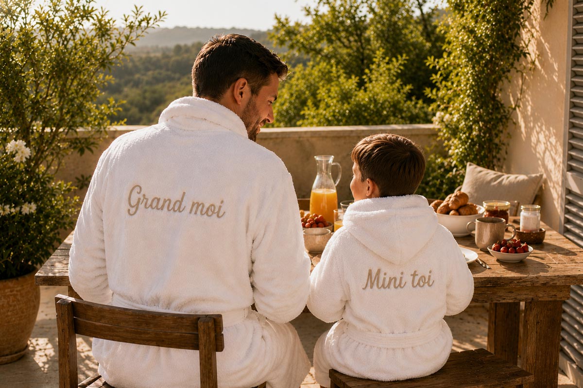 Peignoirs père et enfant assortis avec broderie "Grand moi" et "Mini toi" pour la fête des pères