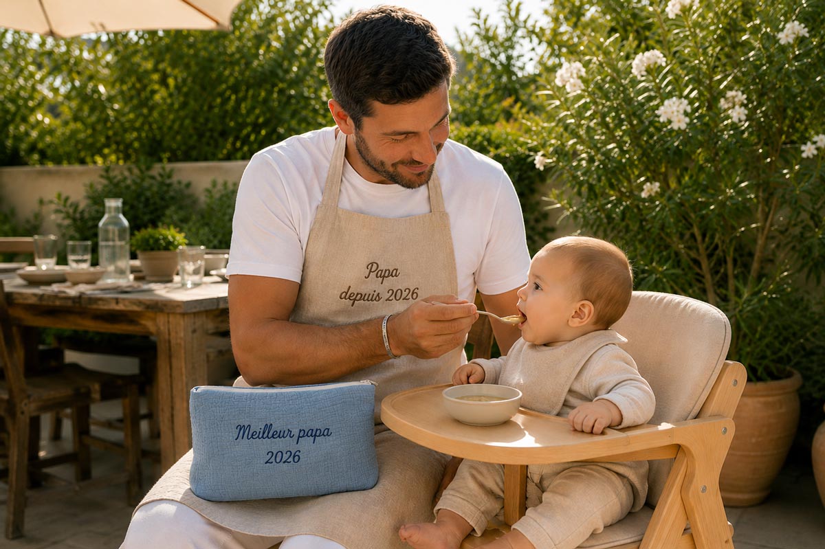 Tablier en lin brodé "Meilleur papa 2026" et trousse de toilette enfant bleu brodée "Meilleur papa 2026" pour la fête des pères