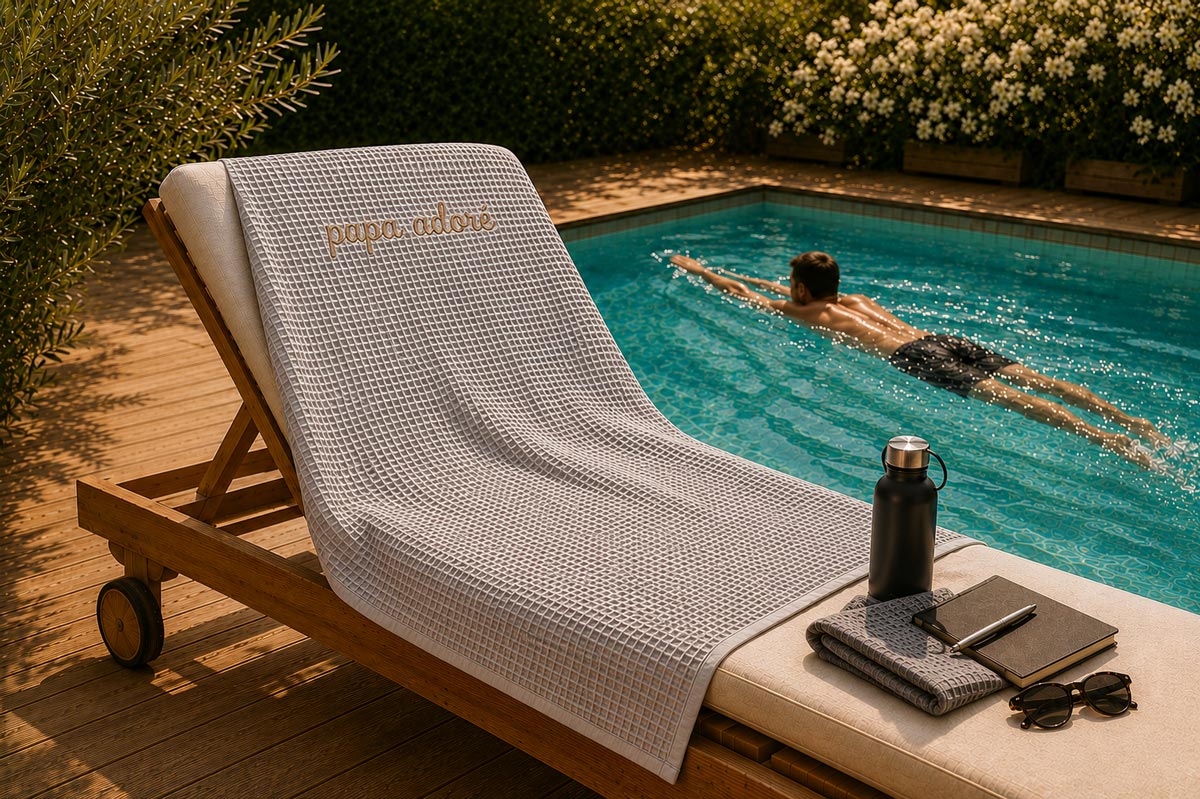 Drap de bain gris perle en nid d'abeille brodé "Papa d'amour" pour la fête des pères