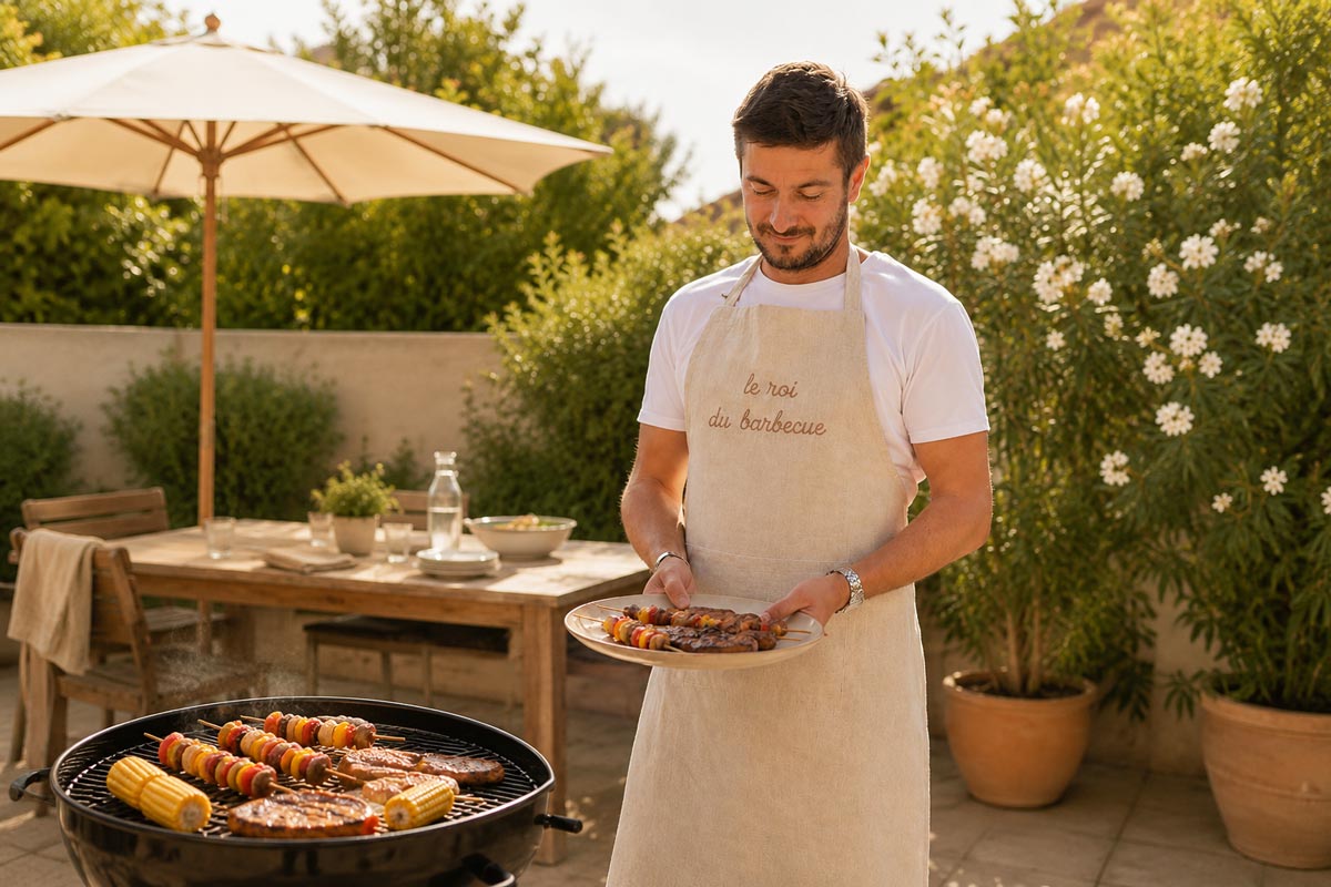 tablier en lin brodé "le roi du barbecue" pour la fete des pères