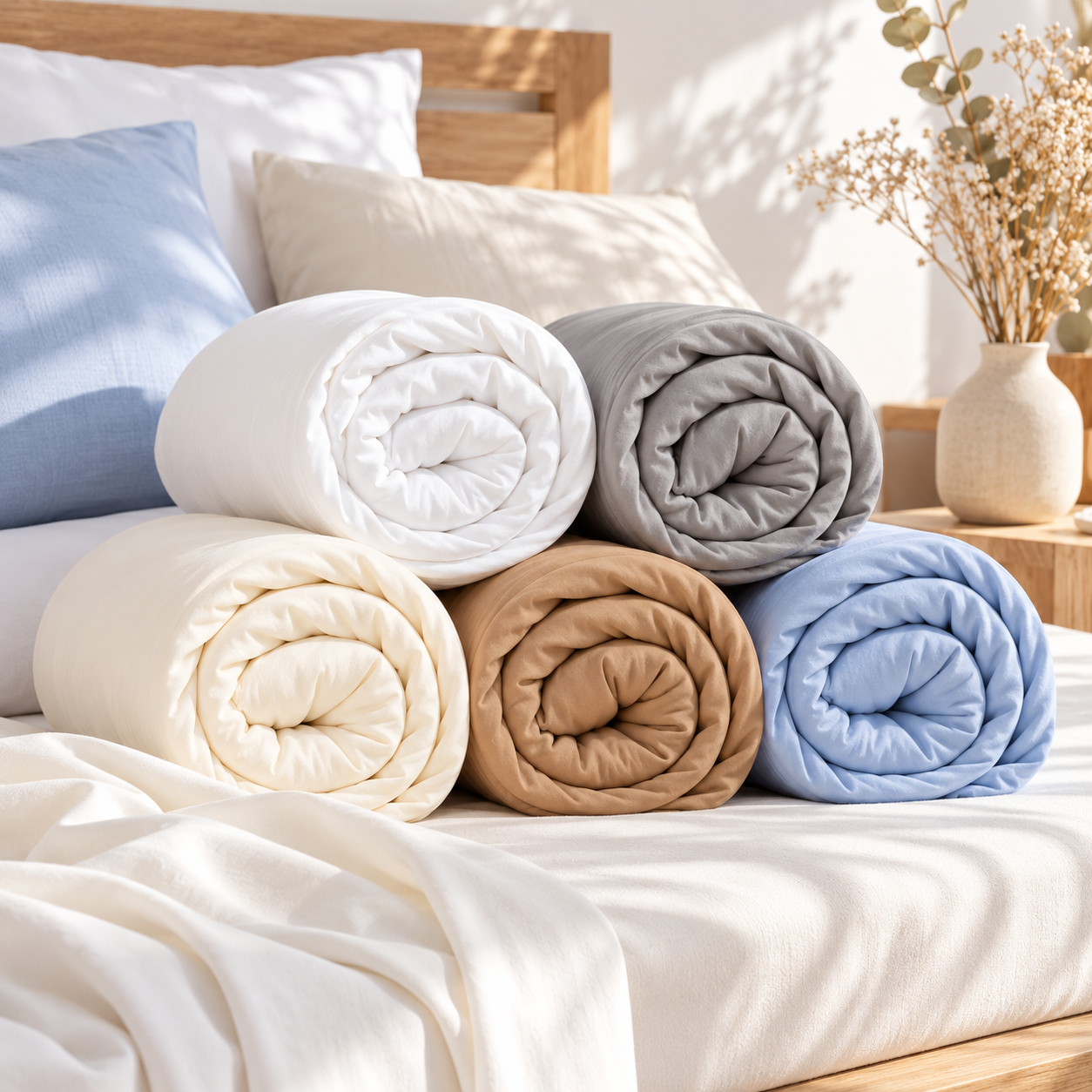 Les 5 coloris de housse de couette jersey enroulés et posés sur un lit.